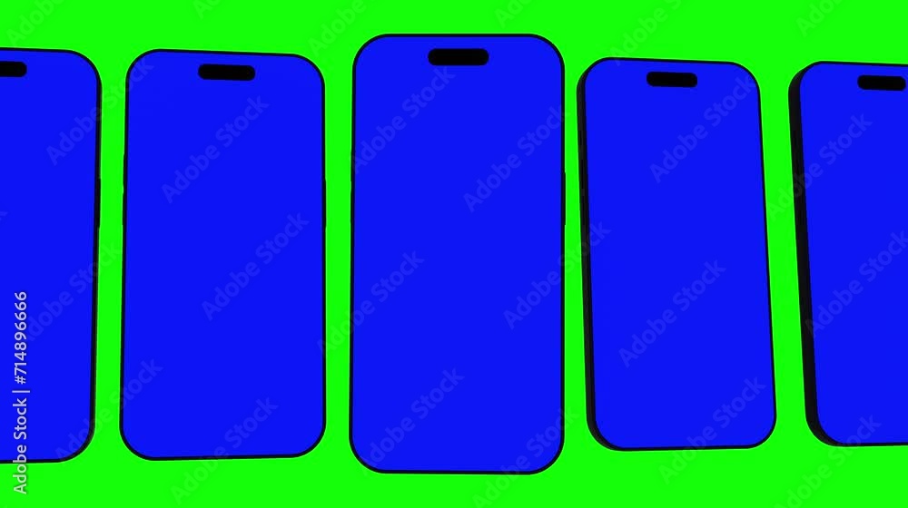 3D animated Row of modern smartphones with blue screen for content replacement 3D animated Row of modern smartphones with blue screen for content replacement