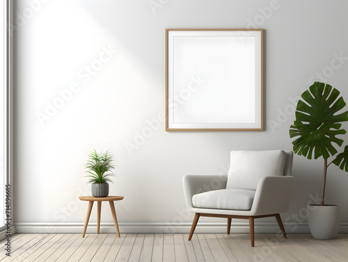 Living room with chair and blank white frame mockup on the wall © tanjidvect