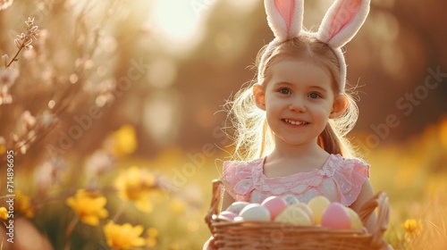 A charming image of a cute and joyful girl wearing bunny ears and holding a basket filled with Easter eggs, enjoying the festive celebration