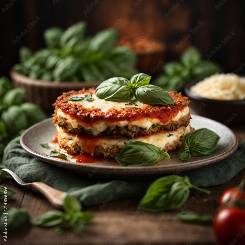 Eggplant Parmesan with Fresh Basil - Crispy Layers of Eggplant, and Rich Tomato Sauce Eggplant Parmesan with Fresh Basil - Crispy Layers of Eggplant, and Rich Tomato Sauce