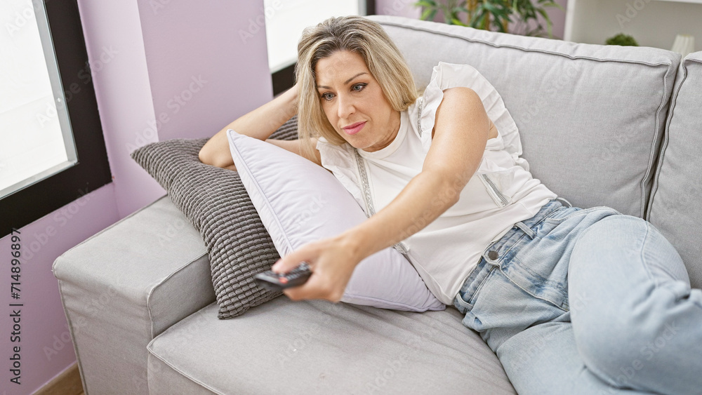 Young blonde woman watching tv lying on sofa at home Young blonde woman watching tv lying on sofa at home