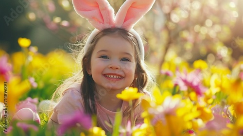 A joyful scene of a child celebrating Easter, surrounded by vibrant Easter eggs and colorful decorations