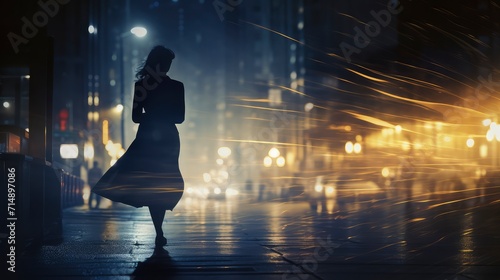 Woman Stands on City Street at Night and Observes Urban Environment