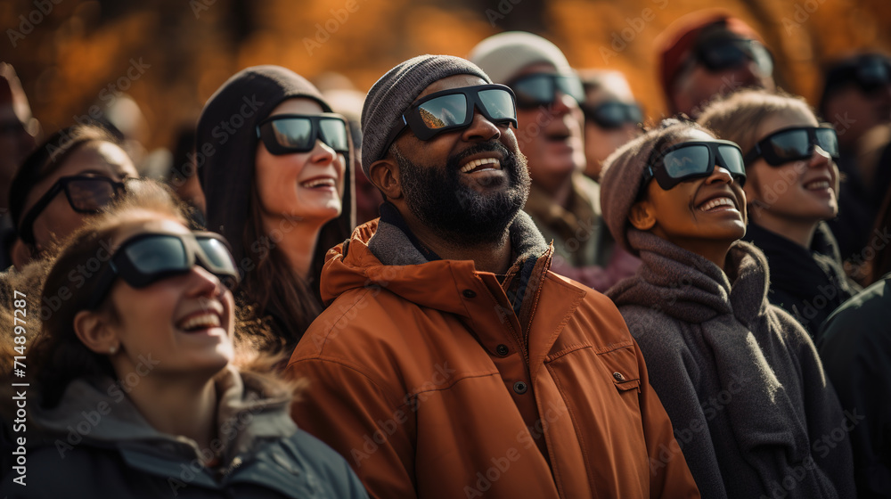crowd of different people gathers in special sunglasses,looks at the solar eclipse and laughs,unique natural phenomenon - obrazy, fototapety, plakaty 