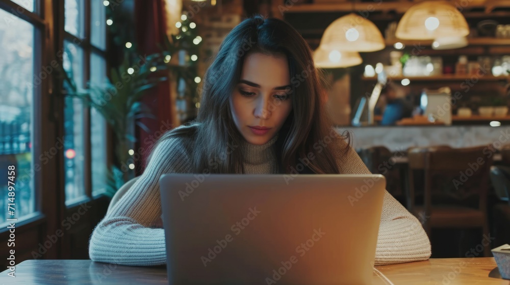 Digital nomad millennial woman work from cafe, working anywhere. European female freelancer type laptop remotely. Student girl study with computer. Young adult person freelance job career. Digital nomad millennial woman work from cafe, working anywhere. European female freelancer type laptop remotely. Student girl study with computer. Young adult person freelance job career.