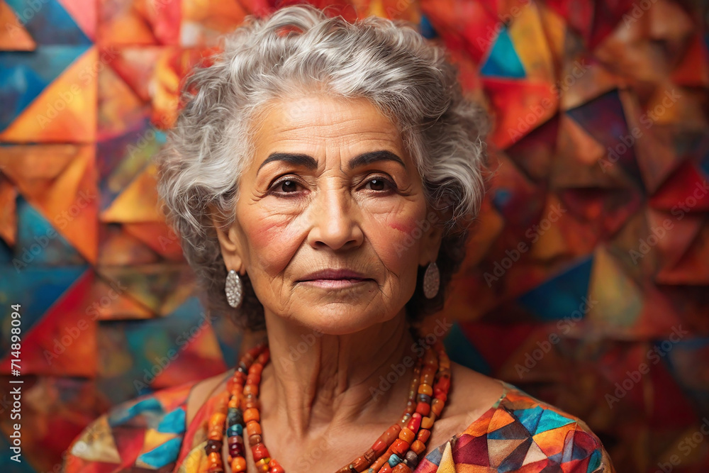 Gorgeous beauty of old Latina woman close up on abstract trianglic colorful background. Grandma