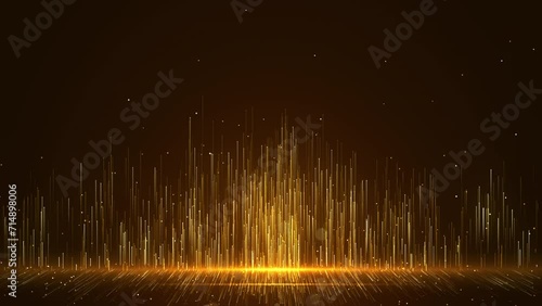 Abstract elegant golden glowing lines going up with glowing lighting effect, bokeh effect and floor reflection on black background. Golden dust sparkling and luxury particles raising.  photo
