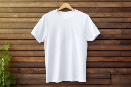 A white t-shirt on a hanger. Mockup of a white men's t-shirt on wooden background. Place for logo and emblem. Clothes.