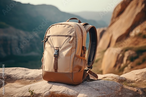 Stylish backpack on background of mountains. Tourist fabric gray backpack on large stones. Brown hipster backpack on a hiking trip. Travel. photo