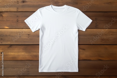 White T-shirt made of natural fabric. Mockup of white men's t-shirt on a wooden background. Place for logo and emblem. Clothes.