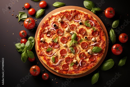 Delicious pizza top view. Pizza with salami, onions and olives on a dark background. Tomatoes and basil next to large pizza. Italian food.