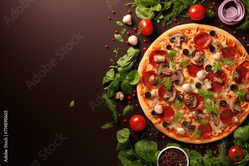 Delicious pizza top view. Pizza with salami, onions and olives on a dark background. Place for text. Tomatoes and basil next to large pizza. Italian food.