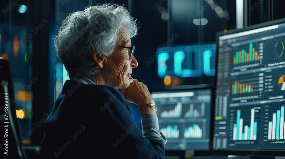 Elderly person masters modern technologies, monitor with graphs, financial reports and pie. Elderly person masters modern technologies, monitor with graphs, financial reports and pie.