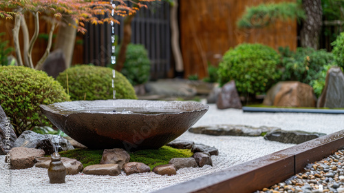 Close look at traditional Japanese style water fountain in the garden