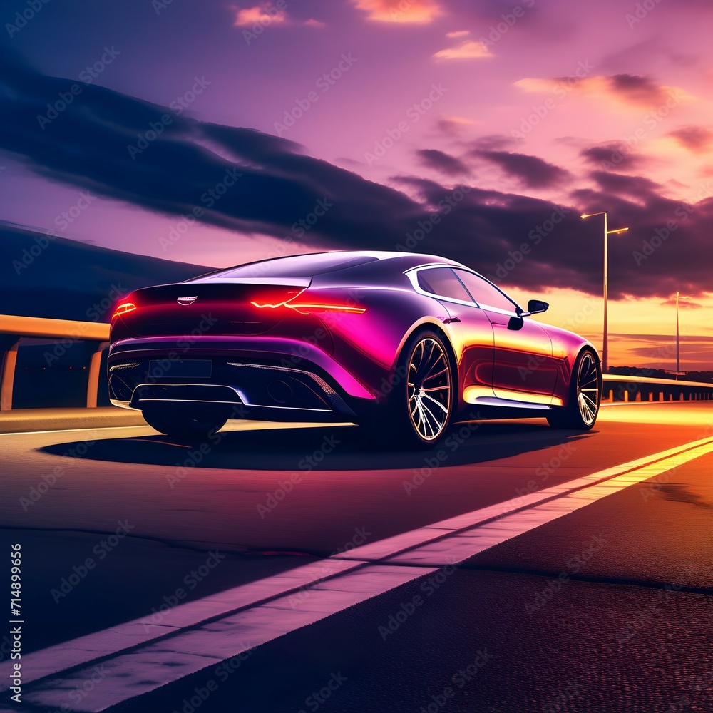 Enchanting Dusk Drive: A Sleek Car Illuminated by the Purple Hue of Sunset