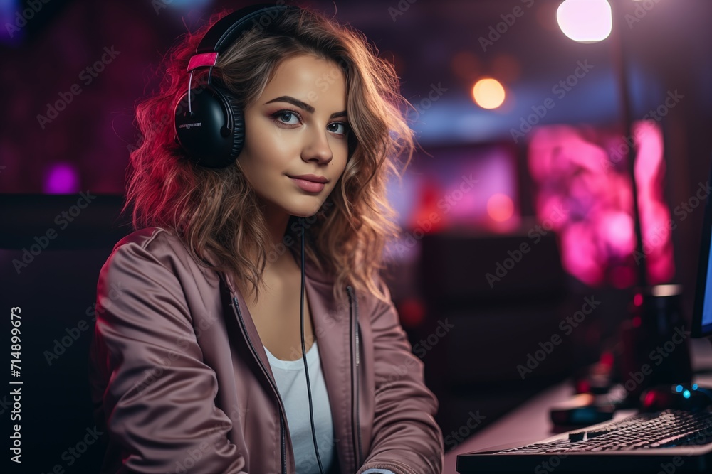 Young Female Game Streamer with Headphone on a Color Room Background