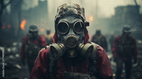 People in Gas Mask in the Post-Apocalyptic World. Banner with place for text photo