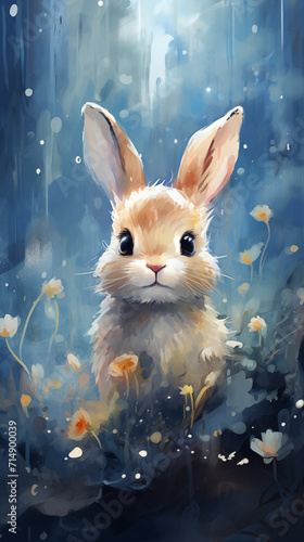 cute beautiful bunny watercolor drawing on a blue background