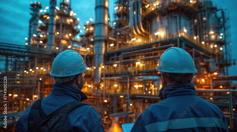 Engineering Team Collaboratively Discussing Plans in Front of a Massive Power Plant, Representing the Heart of Energy Production Engineering Team Collaboratively Discussing Plans in Front of a Massive Power Plant, Representing the Heart of Energy Production
