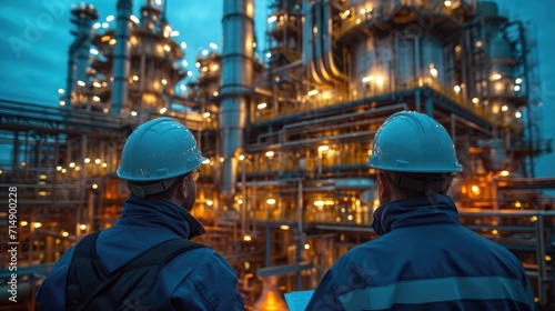 Engineering Team Collaboratively Discussing Plans in Front of a Massive Power Plant, Representing the Heart of Energy Production