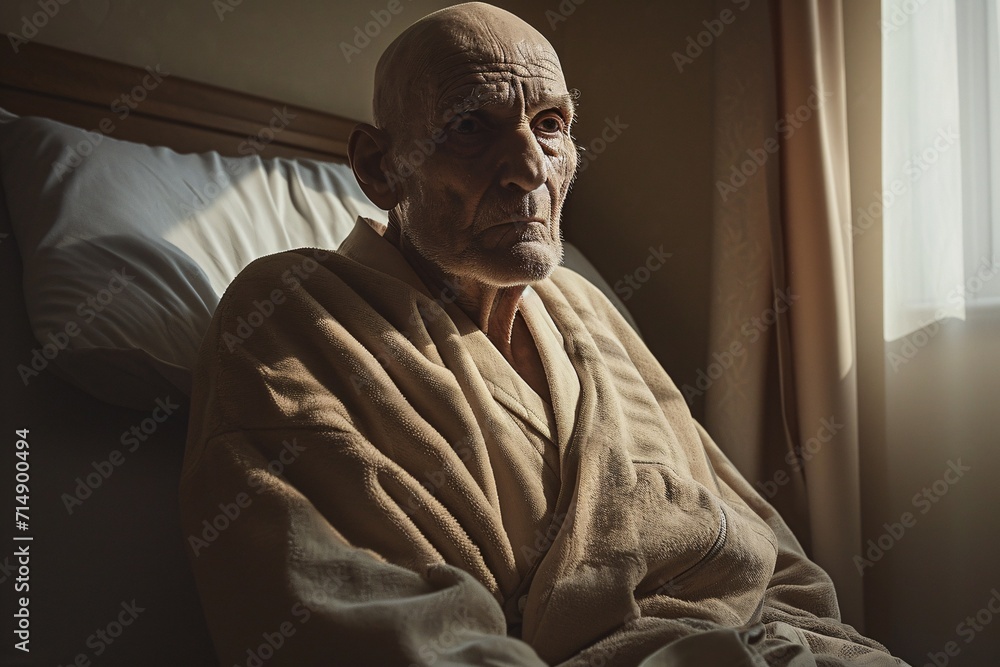 An elderly man sitting in a chair, looking at the camera Generative AI An elderly man sitting in a chair, looking at the camera Generative AI
