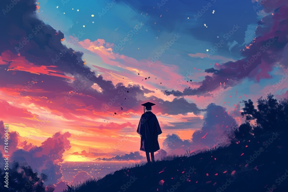 Graduate Silhouette Against a Vibrant Sunset Sky with Stars