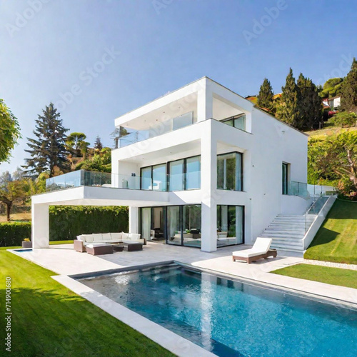 Modern villa exterior design, huge floor-to-ceiling windows, white walls, a huge swimming pool in the courtyard, and green grass, high-end villa scenery  © Echotime
