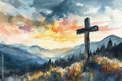 Fotografia Cross on the mountain, religious symbol in watercolor painting style with copy space