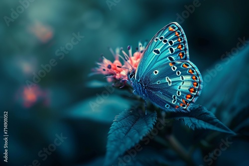 Close-Up of a Blue Butterfly on a Dark Green Leaf with Soft Focus Background