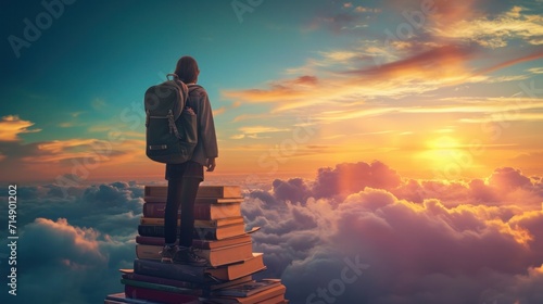 Back to school! Backpack is standing on the tower of books on background of sunset sky. Concept of education and reading