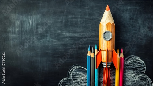 Back to school concept with rocket made from pencils over chalkboard background