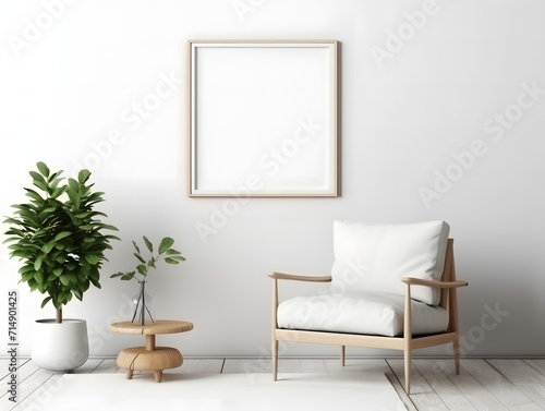 Living room with chair and blank white frame mockup on the wall