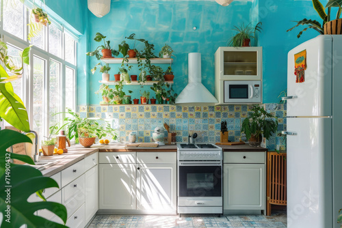 A bright and cheerful kitchen with a retro design. The room features a colorful tiled and vintage appliances. The walls are painted in bright blue color with many plants photo