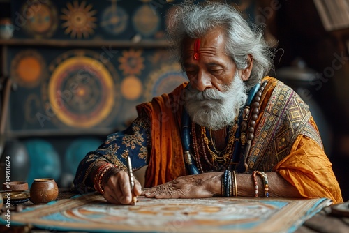 Elderly artist in traditional attire painting intricate patterns on canvas, showcasing cultural artistry.
