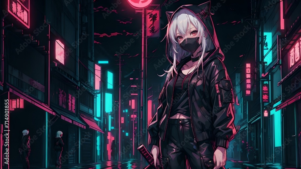 Beautiful Anime girl in a black suit and a hood with ears, anime background Beautiful Anime girl in a black suit and a hood with ears, anime background