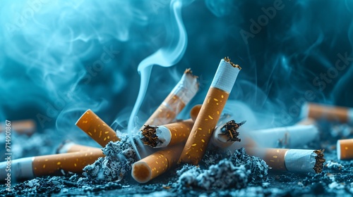 A pile of cigarette butts on a dark blue background Generative AI photo