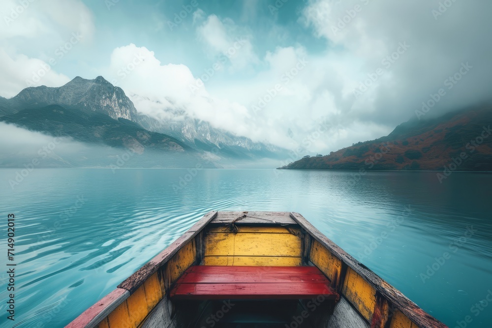 Serene Lake Journey: View from Inside a Wooden Boat with Misty Mountains Ahead