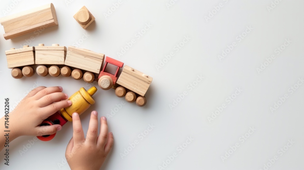High angle shot of a kids hands playing with wooden toy train on white background with blank space for text with top view - obrazy, fototapety, plakaty 