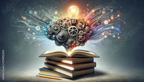 An open book emanates a tree of knowledge with gears and a glowing light bulb against a textured background, symbolizing ideas and creativity.Adult education concept. AI generated. photo