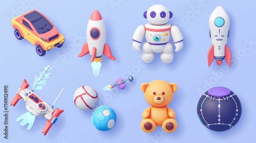 kids toys 3D vector icon set. portable console,robot toy,rocket,teddy bear,joystick,ufo toy,spaceship,baseball bat © Orxan