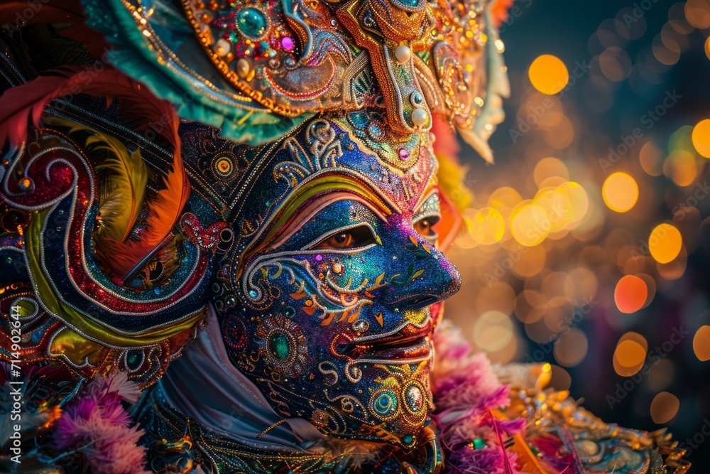 Naklejka premium Exquisite Traditional Venetian Mask Adorned with Feathers and Jewels