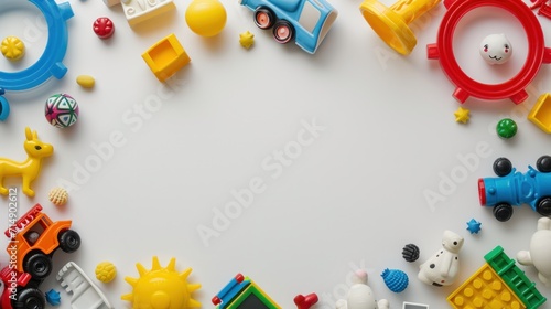 Kids toys frame on white background. Top view. Flat lay. Copy space for text