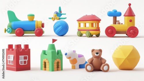 Kids toys. Train, plane, castle, ball, cubes, bear. 3d vector icon set photo
