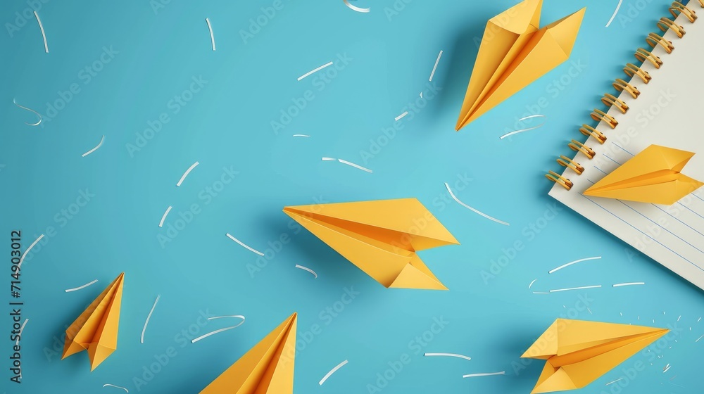 School notebook background. 3d flying yellow paper airplanes. Vector cartoon children planes in air - obrazy, fototapety, plakaty 