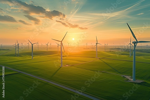 Wind farm or high wind turbine park for electric power. Green Energy photo