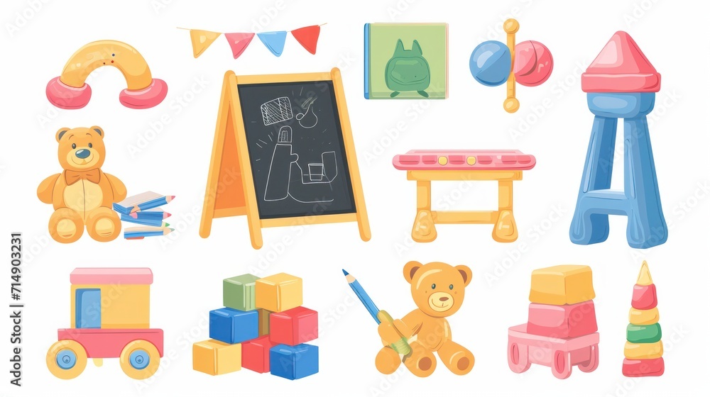 Set of kid plush and plastic toys, chalkboard, pencils, drawings, books, wooden building cubes and blocks for children's entertainment. Colored flat vector illustration isolated on white background Set of kid plush and plastic toys, chalkboard, pencils, drawings, books, wooden building cubes and blocks for children's entertainment. Colored flat vector illustration isolated on white background