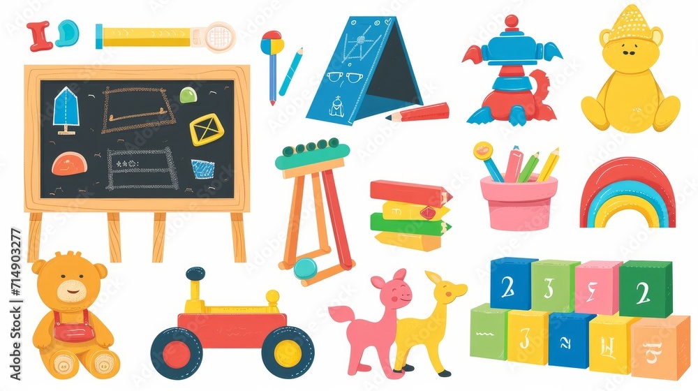 Set of kid plush and plastic toys, chalkboard, pencils, drawings, books, wooden building cubes and blocks for children's entertainment. Colored flat vector illustration isolated on white background