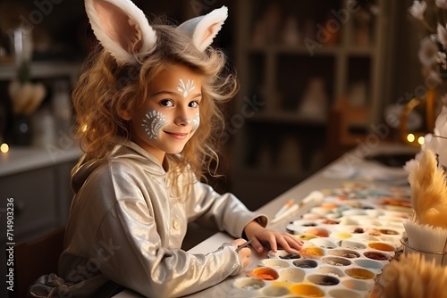 girl in a bunny costume with ears and makeup in the form of a muzzle. The child sits at the table and is engaged in creativity. Warm and festive in the comfort of home and preparation for Easter. 