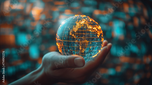 Global Connectivity: A hand holding a mouse and a camera against a background of Earth, symbolizing the intersection of technology, business, and environmental awareness