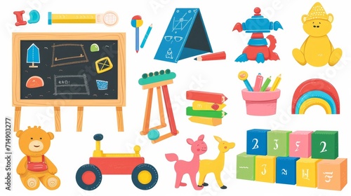 Set of kid plush and plastic toys  chalkboard  pencils  drawings  books  wooden building cubes and blocks for children s entertainment. Colored flat vector illustration isolated on white background